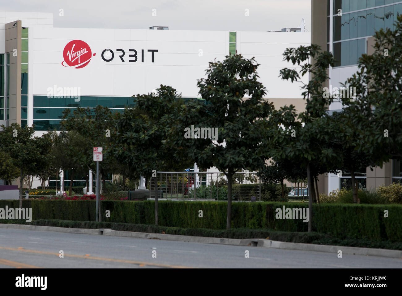 A logo sign outside of the headquarters of Virgin Orbit in Long Beach, California, on December 10, 2017. Stock Photo