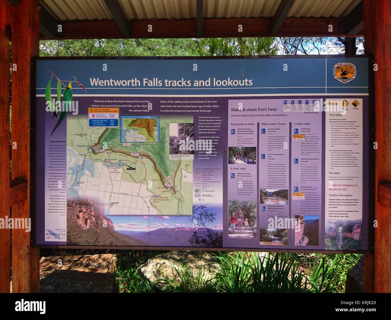 WENTWORTH FALLS, BLUE MOUNTAINS, NEW SOUTH WALES, AUSTRALIA, 11 JULY 2017: Sign listing Wentworth Falls tracks and lookouts for visiting tourists and  Stock Photo