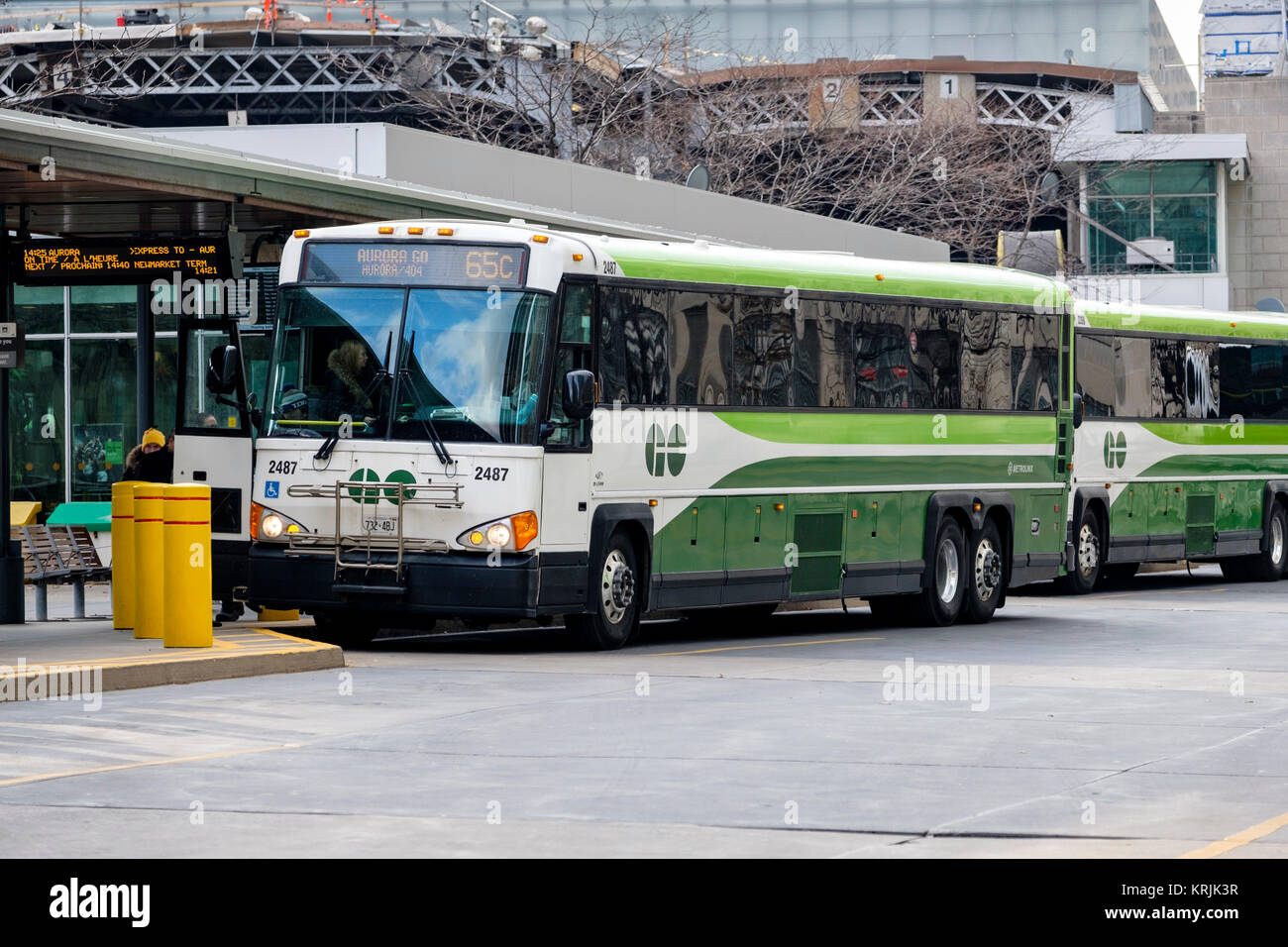 Union Station Bus Terminal, go buses used for public transportation of commuters living in the GTA region, downtown Toronto, Ontario, Canada. Stock Photo