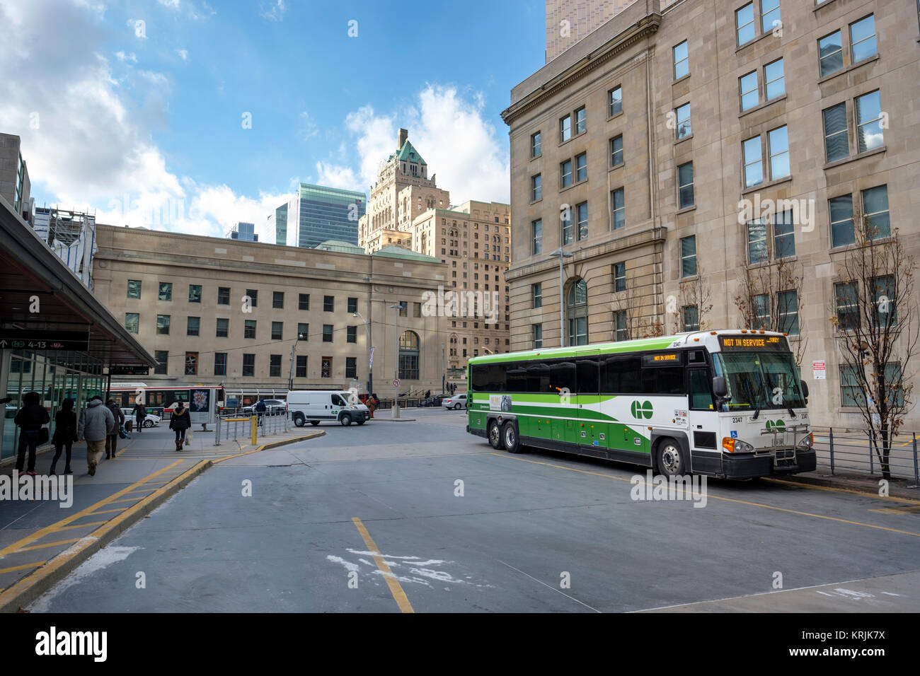 Union Station Bus Terminal, go bus used for public transportation of commuters living in the GTA region, downtown Toronto, Ontario, Canada. Stock Photo