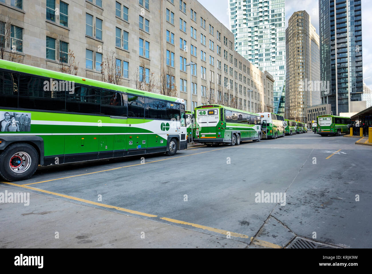 Union Station Bus Terminal, go buses used for public transportation of commuters living in the GTA region, downtown Toronto, Ontario, Canada. Stock Photo