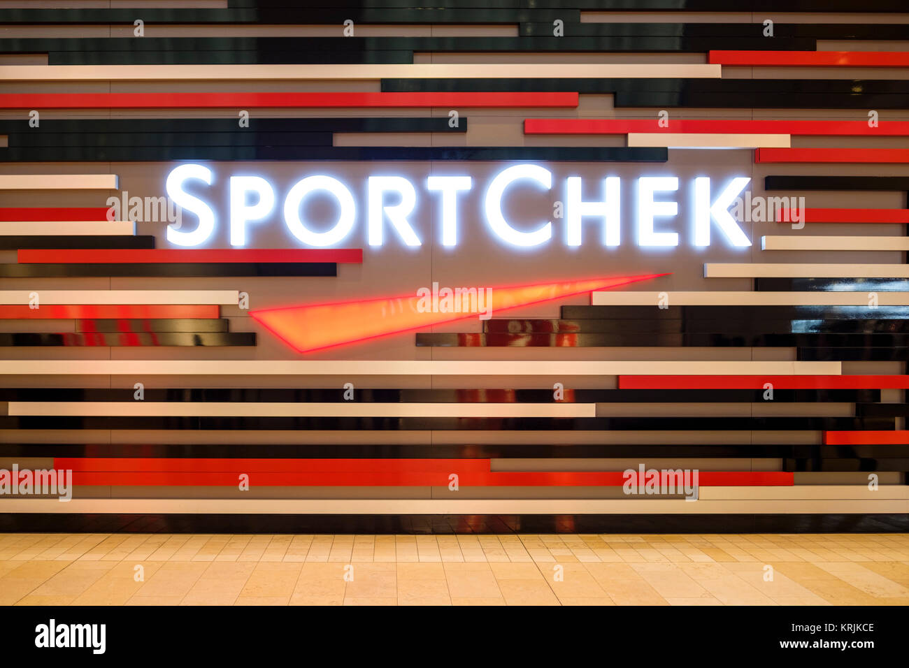 Sport Chek store logo, largest Canadian retailer of sporting clothing and sport equipment, FGL Sports, Ontario, Canada. Stock Photo