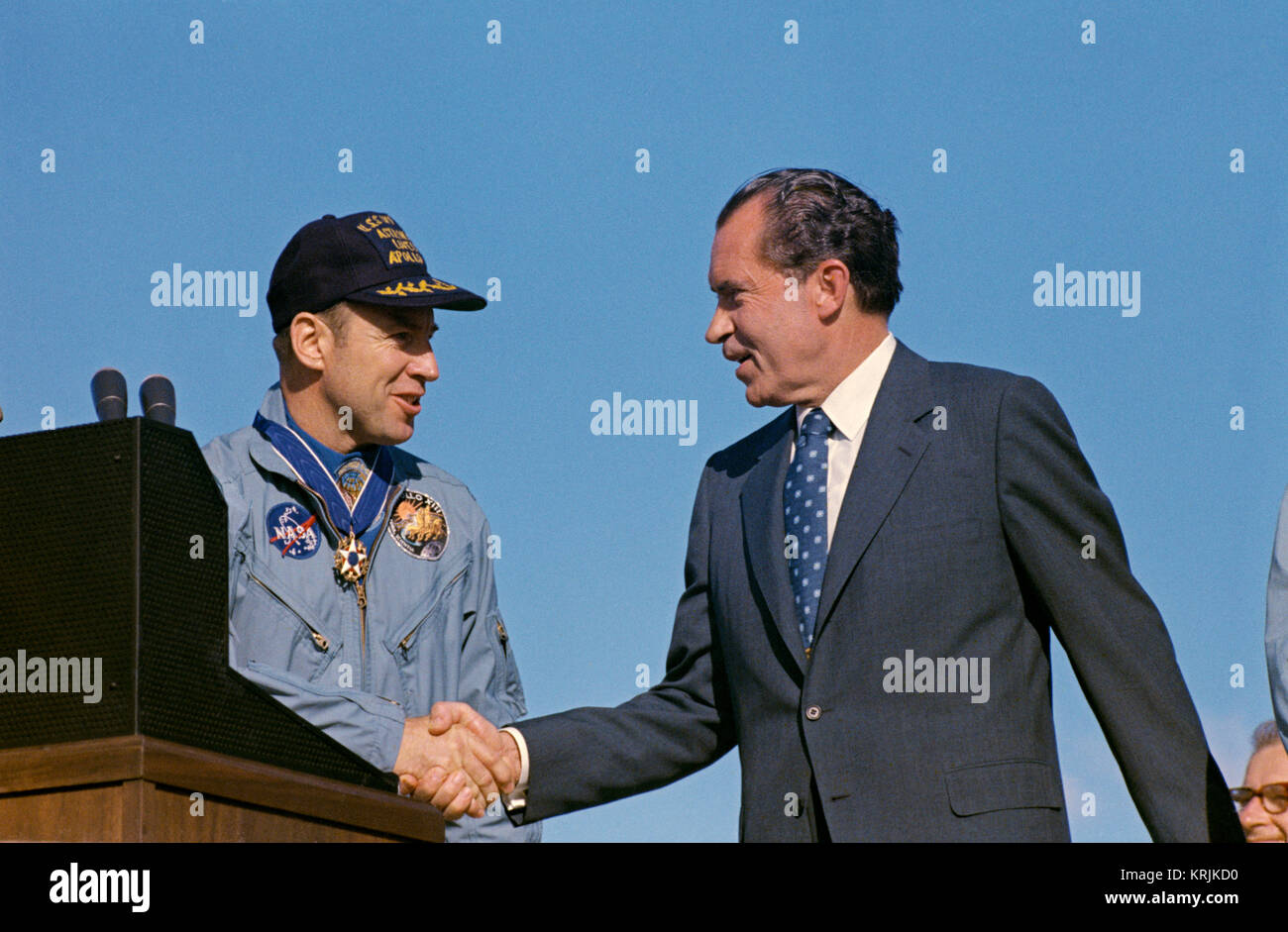 U.S. President Richard Nixon presents NASA Apollo 13 lunar orbital mission prime crew astronaut James Lovell Jr. with the Presidential Medal of Freedom at the Hickam Air Force Base April 18, 1970 in Pearl Harbor, Hawaii. Stock Photo