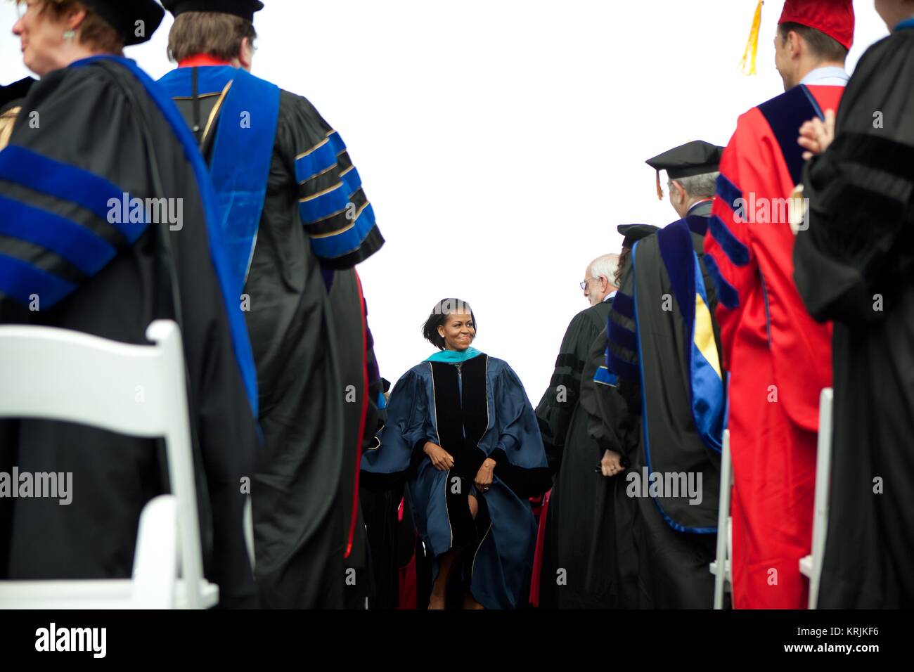 U.S. First Lady Michelle Obama attends the George Washington University commencement ceremony on the National Mall May 16, 2010 in Washington, DC. Stock Photo