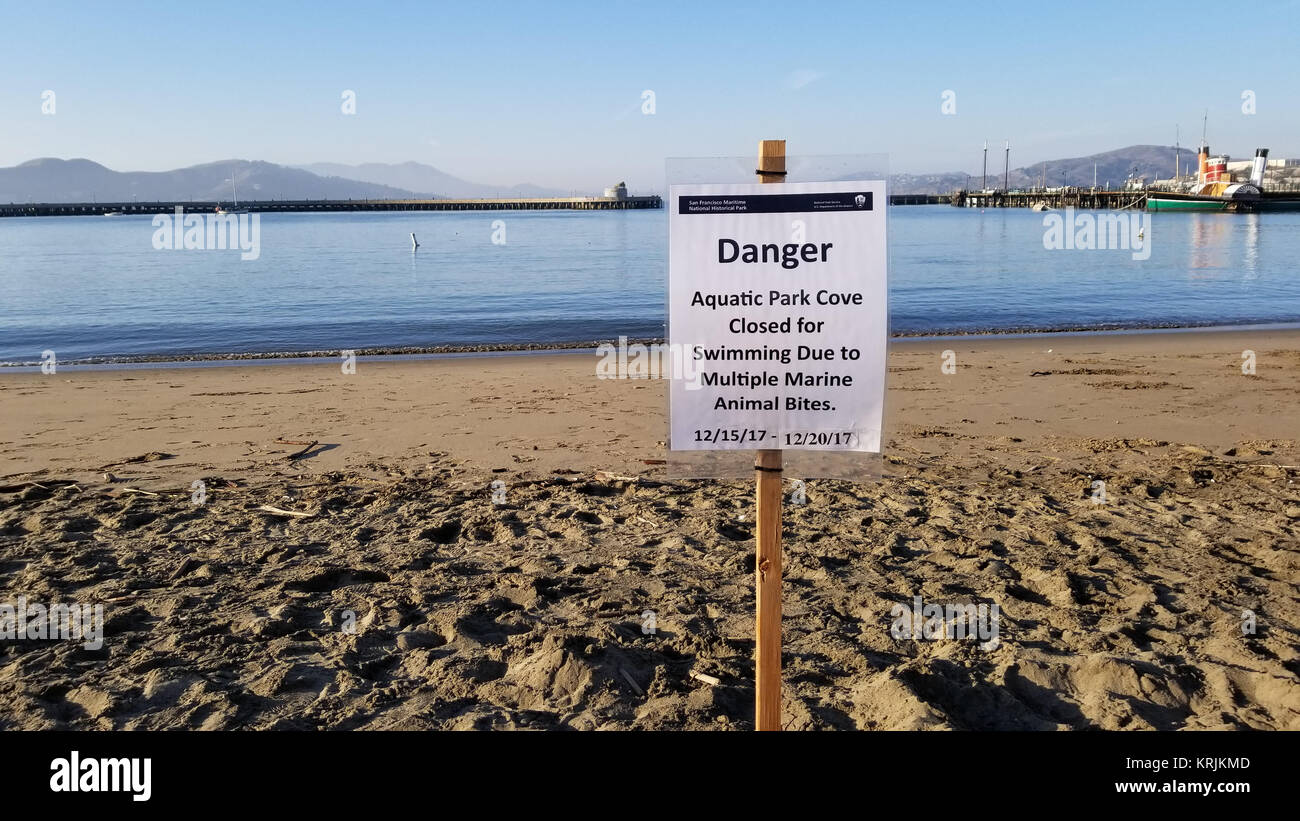 December 19, 2017 - Signs posted prohibiting swimming at Aquatic Park Cove in San Francisco bay after several swimmers were attacked by a sea lion in  Stock Photo
