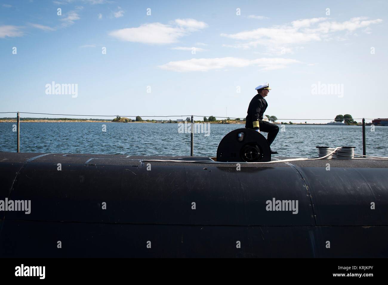 U.S. Navy Chief of Naval Operations Jonathan Greenert tours the Swedish Navy Gotland-class fast-attack submarine HMS Uppland at the Karlskrona Naval Base July 14, 2015 in Karlskrona, Sweden. Stock Photo