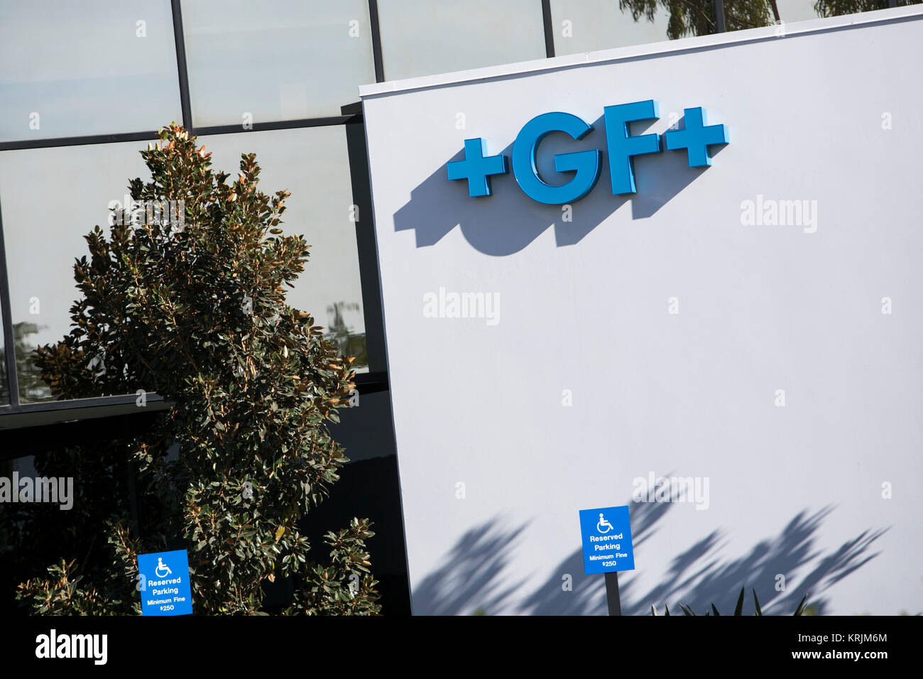 A logo sign outside of a facility occupied by the GF Piping Systems division of Georg Fischer in Irvine, California on December 9, 2017. Stock Photo