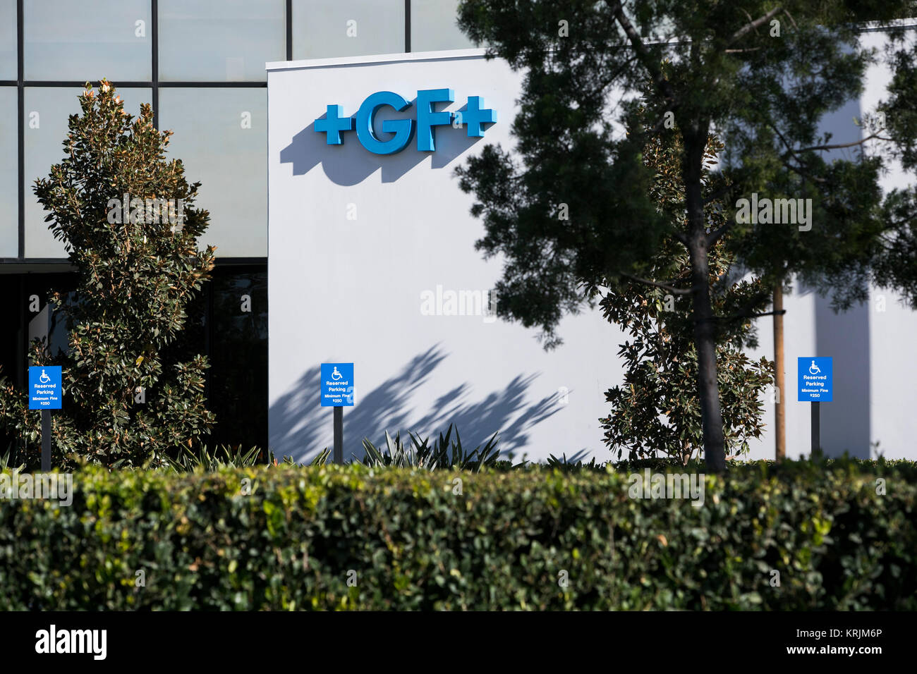 A logo sign outside of a facility occupied by the GF Piping Systems division of Georg Fischer in Irvine, California on December 9, 2017. Stock Photo