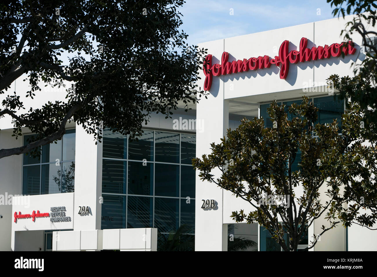 A logo sign outside of a facility occupied by Johnson & Johnson in Irvine, California on December 9, 2017. Stock Photo