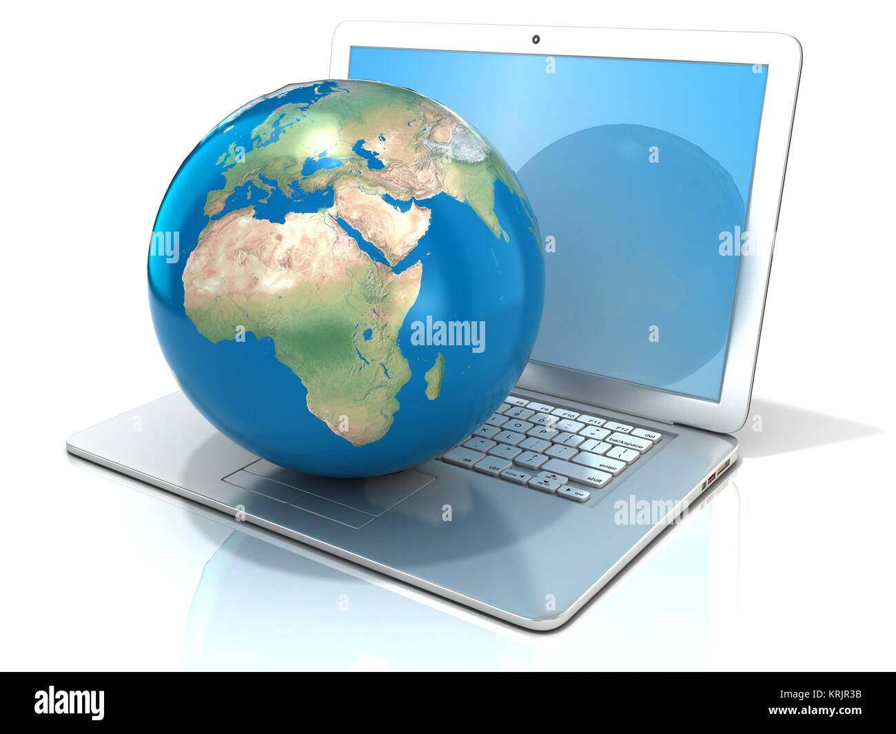 Laptop with illustration of earth globe, Europe and Africa view. 3D Stock Photo