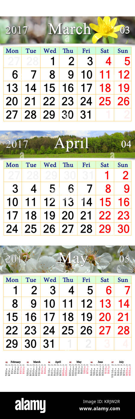 Calendar for March April and May 2017 with pictures Stock Photo 