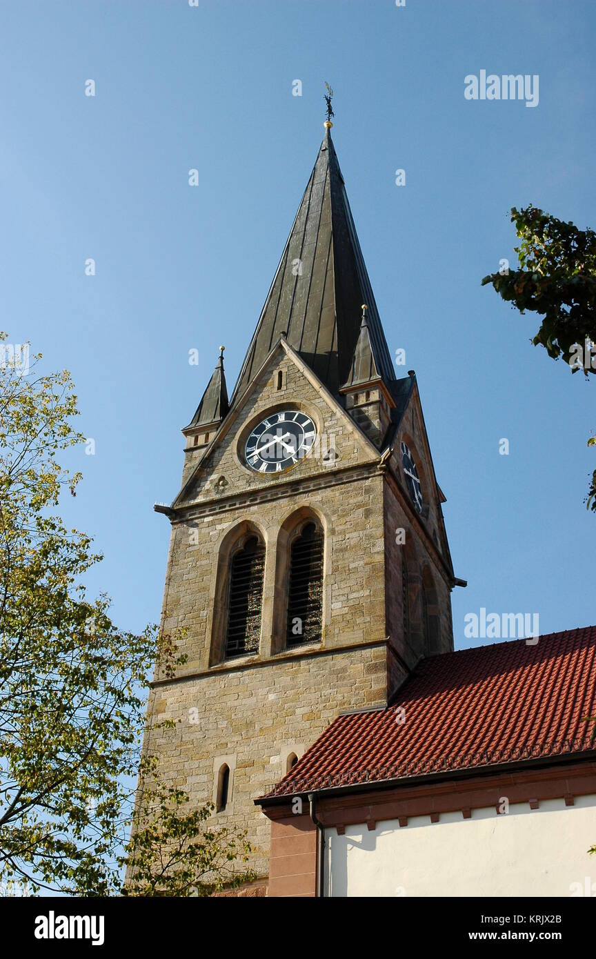 steeple of the catholic church in steinweiler Stock Photo
