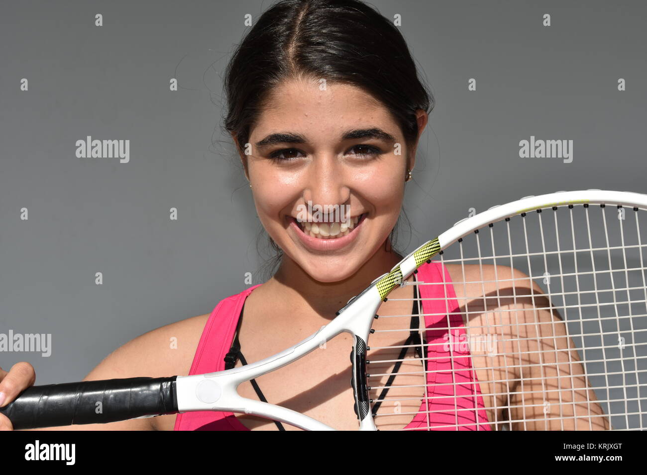 Happy Female Teen Tennis Player Stock Photo Alamy