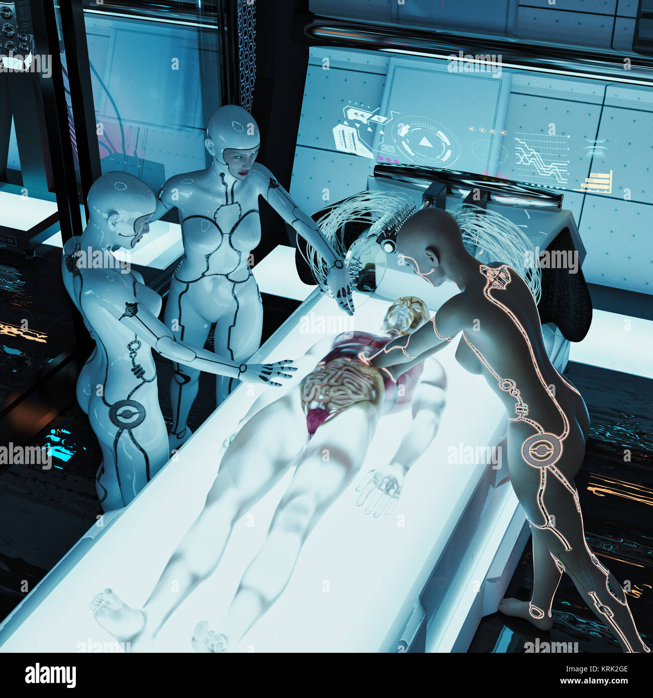 Futuristic doctor reaching into cyborg organs Stock Photo