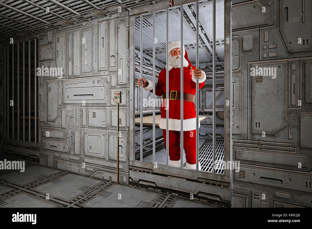 Santa standing in futuristic jail cell Stock Photo