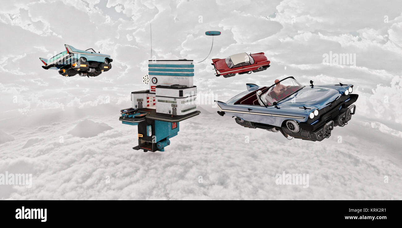 Vintage cars flying near futuristic gas station Stock Photo