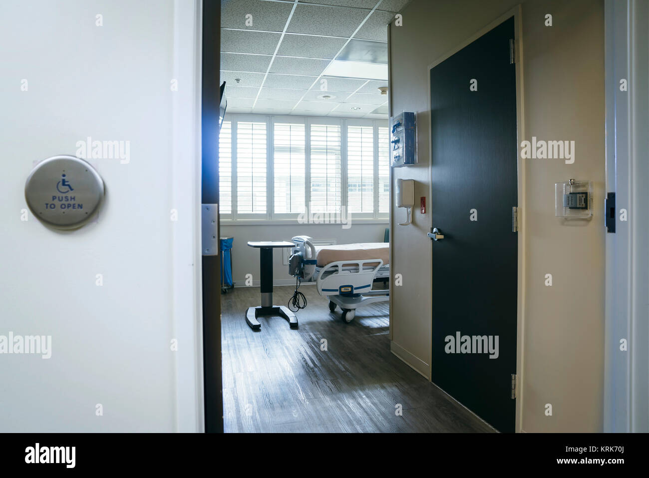 Doorway to an empty hospital room Stock Photo