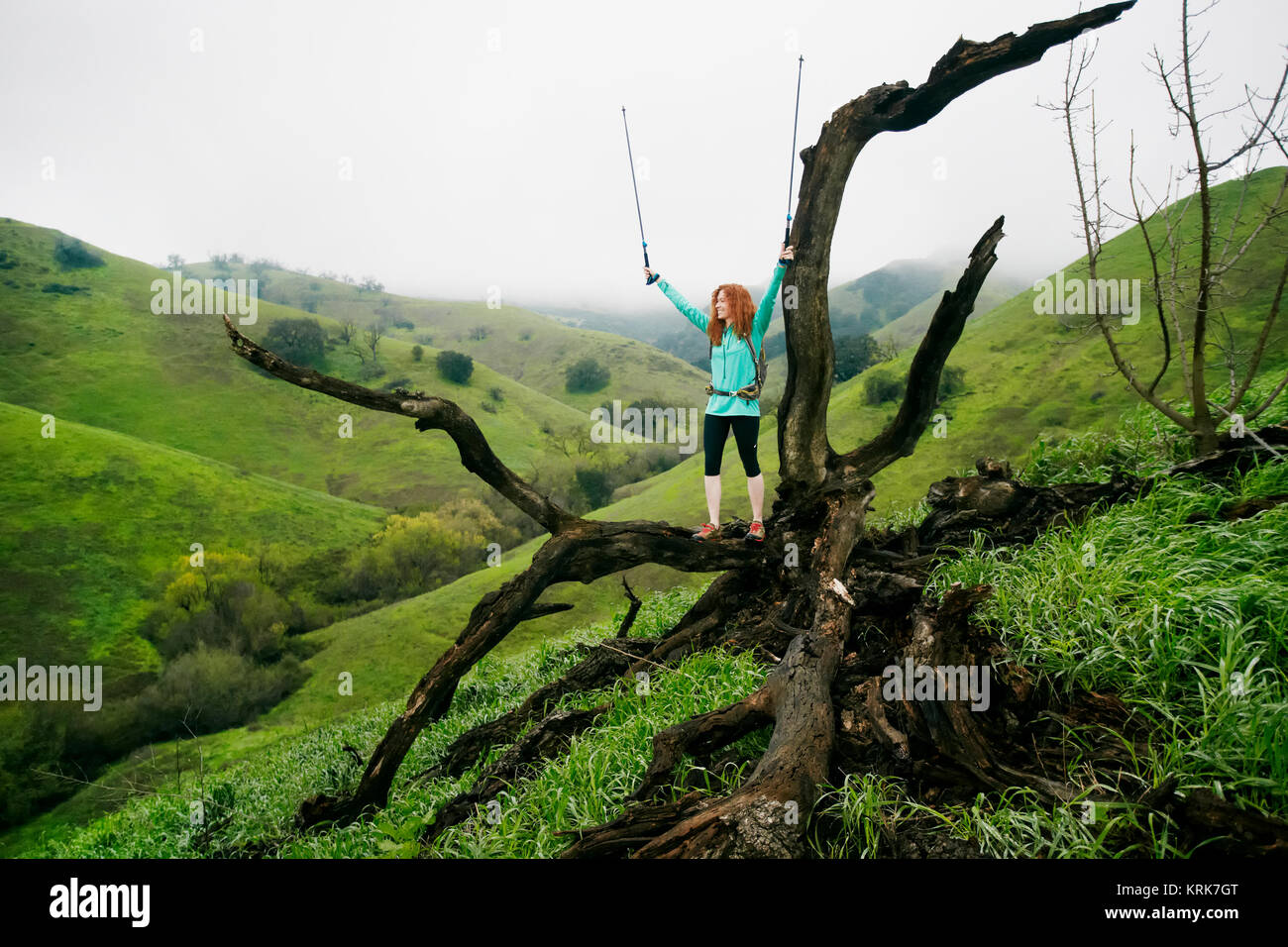 Caucasian woman standing on tree celebrating with walking sticks Stock Photo