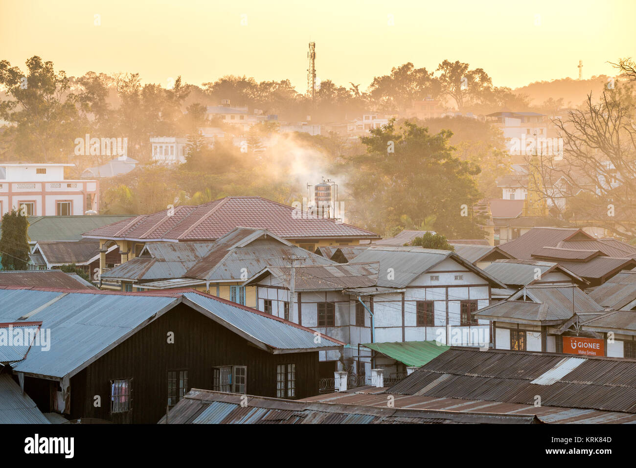 Myanmar travel attraction landmark. Beautiful sunrise on the rooftops Stock Photo