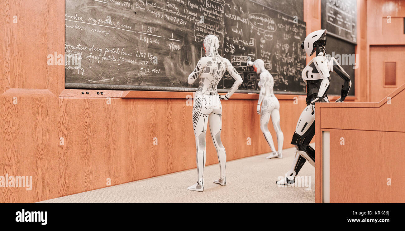 Robot women solving equations on blackboard Stock Photo