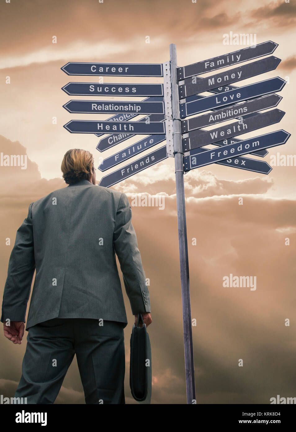 Businessman contemplating choices on sign Stock Photo