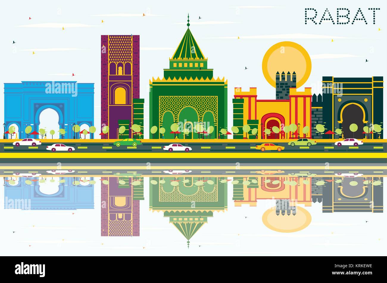 Rabat Morocco Skyline with Color Buildings, Blue Sky and Reflections. Vector Illustration. Business Travel and Tourism Concept with Historic Architect Stock Vector