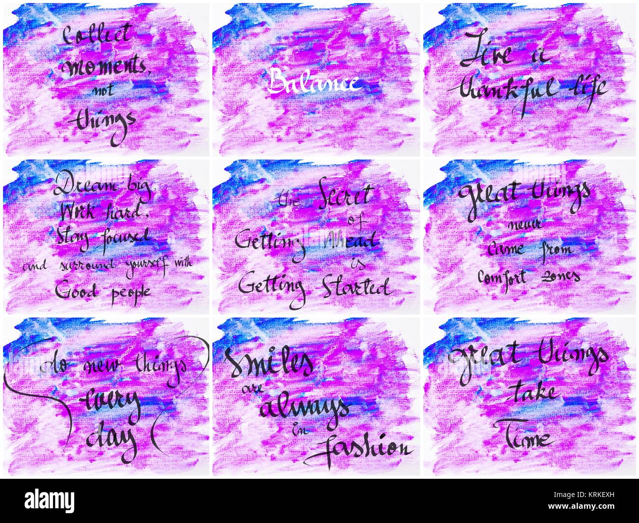 Collage of Inspirational messages over abstract water color backgrounds Stock Photo