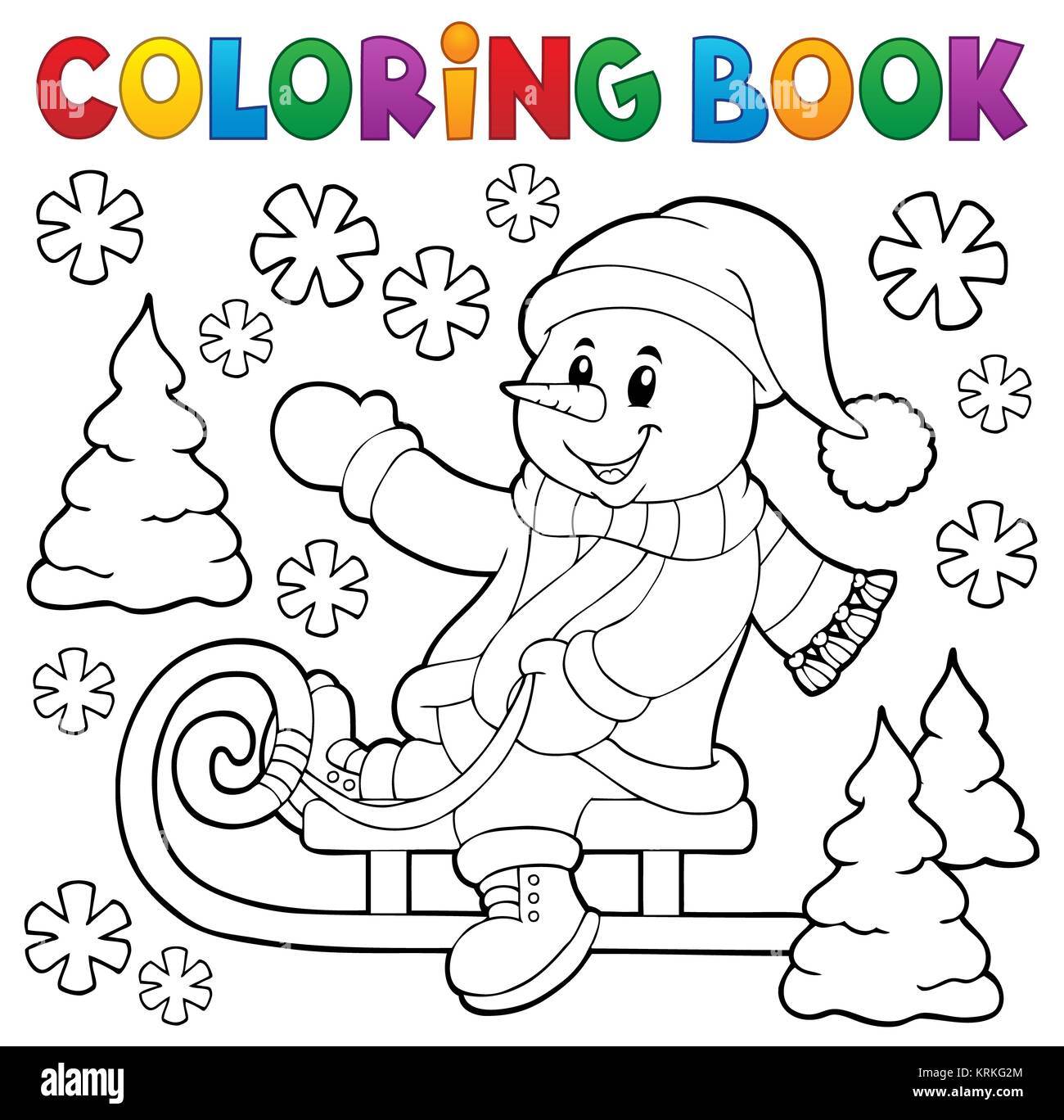 Coloring book snowman on sledge theme 1 Stock Photo