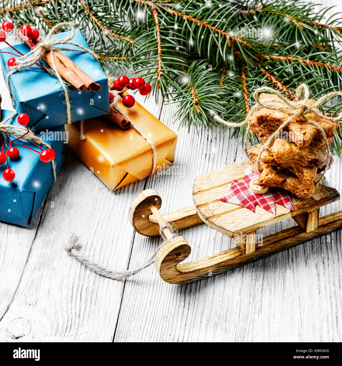 Christmas card with old fashioned Christmas sleigh of Santa Claus and Christmas ts Stock Image