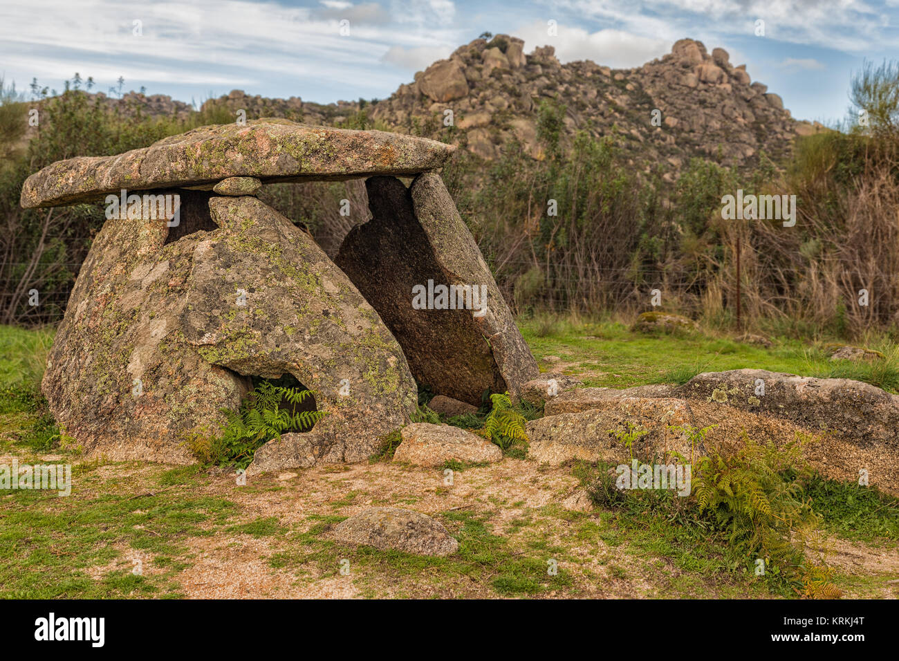 Chamber with short corridor and atrium. It is one the most ancient dolmens known in Valencia de Alcántara. Spain. Chronology: IV-III millennium. Stock Photo