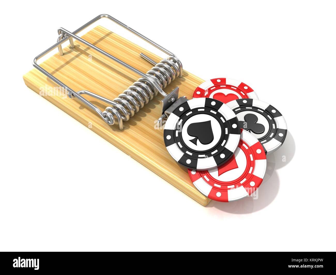 Set of gambling casino chips, like bait, in wooden mousetrap. 3D Stock  Photo - Alamy