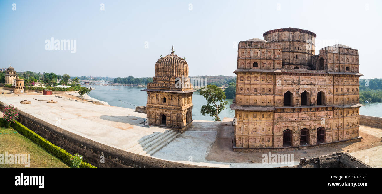 Cenotaphs at Orchha, Madhya Pradesh. Also spelled Orcha, famous travel destination in India. Moghul gardens, blue sky. Stock Photo