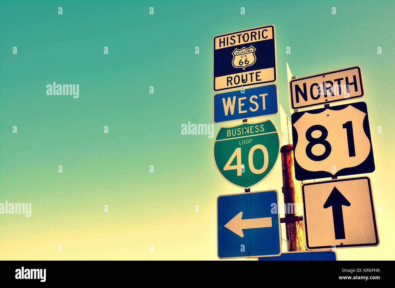 Route 66 road signs on Oklahoma, US. Stock Photo
