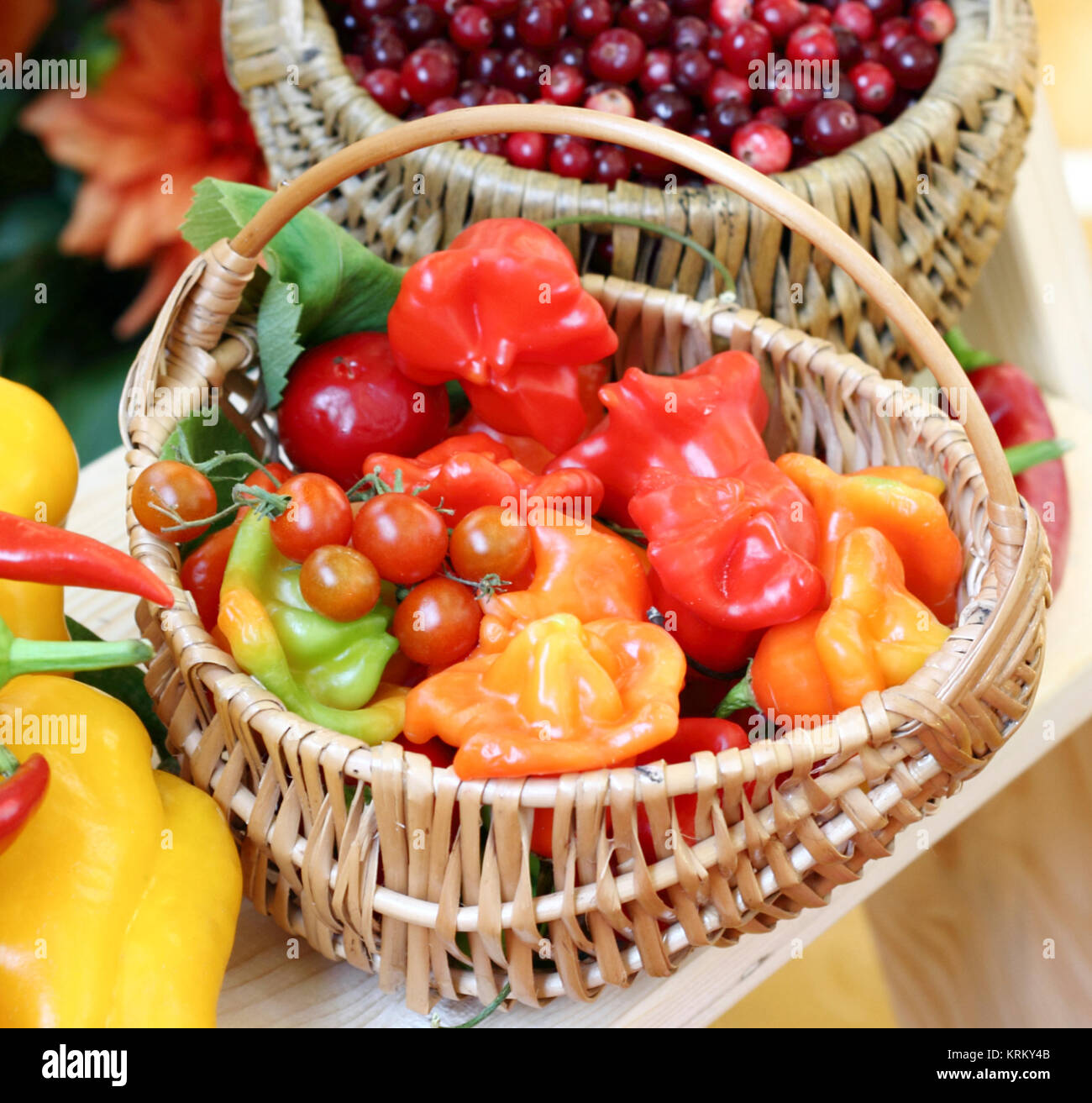 Wicker basket filled with fresh fruit and vegetables Stock Photo - Alamy