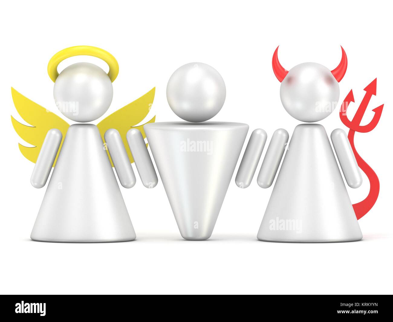 3D rendering of a man standing between an angel and a devil, representing the internal struggle between good and evil choices.