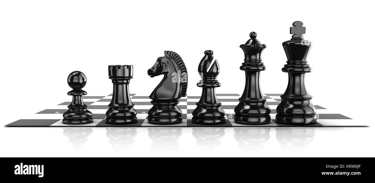 Chess black pieces, standing on board Stock Photo