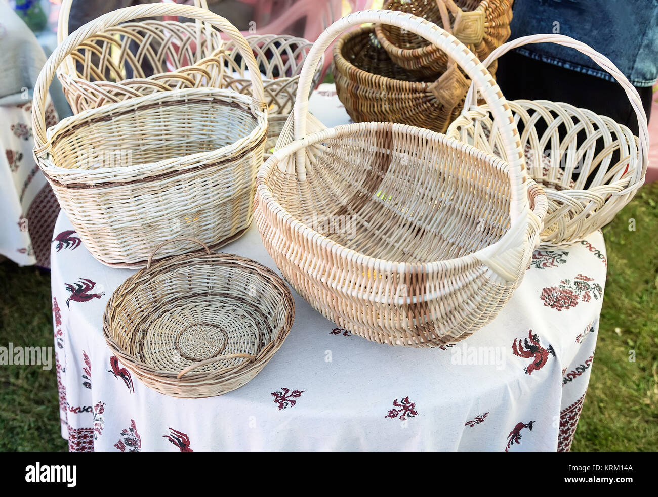 Wicker baskets for sale at the fair. Stock Photo