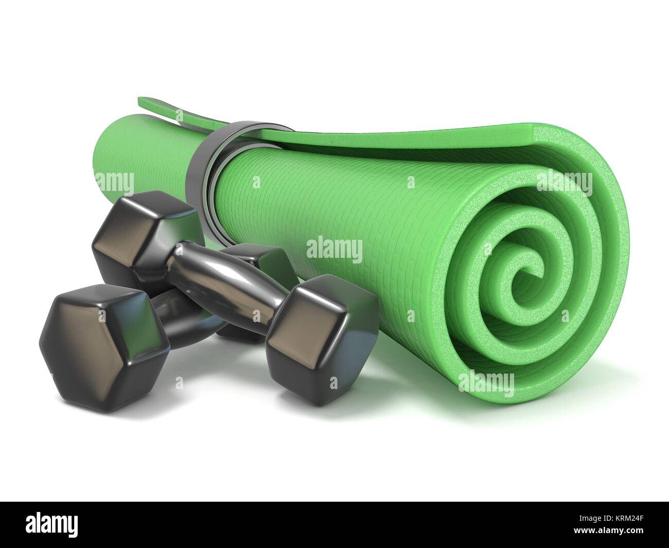 Green fitness mat and black weights. 3D Stock Photo Alamy