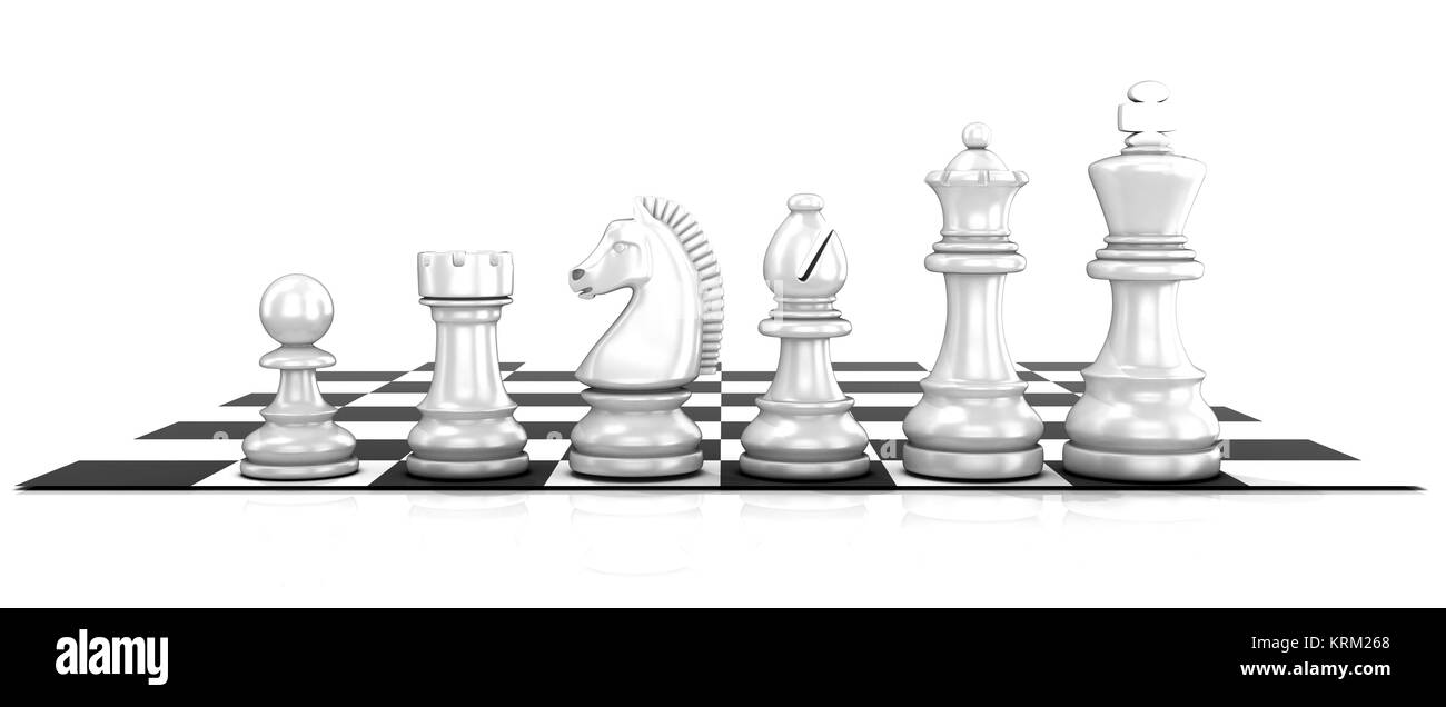 Chess white pieces, standing on board Stock Photo