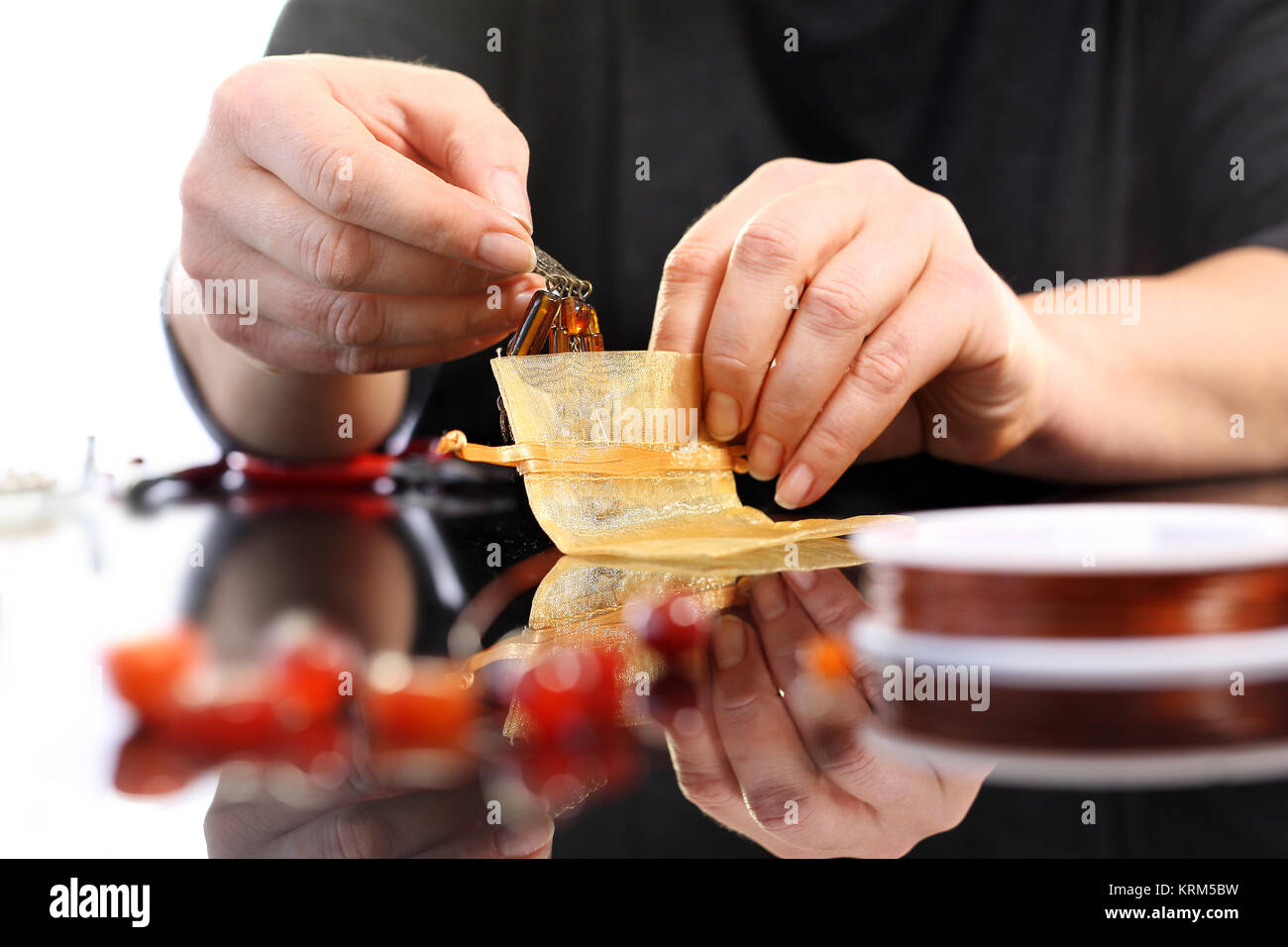 bag for jewelry. amber jewelry. Stock Photo