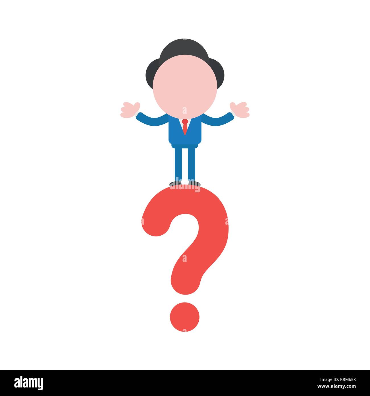 Vector cartoon illustration concept of faceless businessman mascot character on red question mark symbol icon. Stock Vector