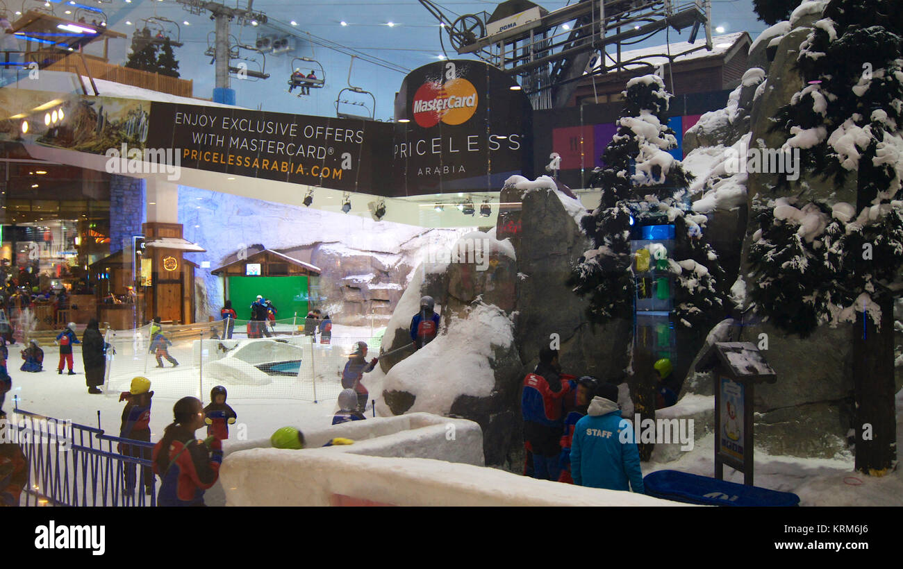 DUBAI, UNITED ARAB EMIRATES - MARCH 30th, 2014: Alpine ski in Dubai. Ski Dubai is an indoor ski resort with 22,500 square meters of indoor ski area. It is a part of the Mall of the Emirates Stock Photo