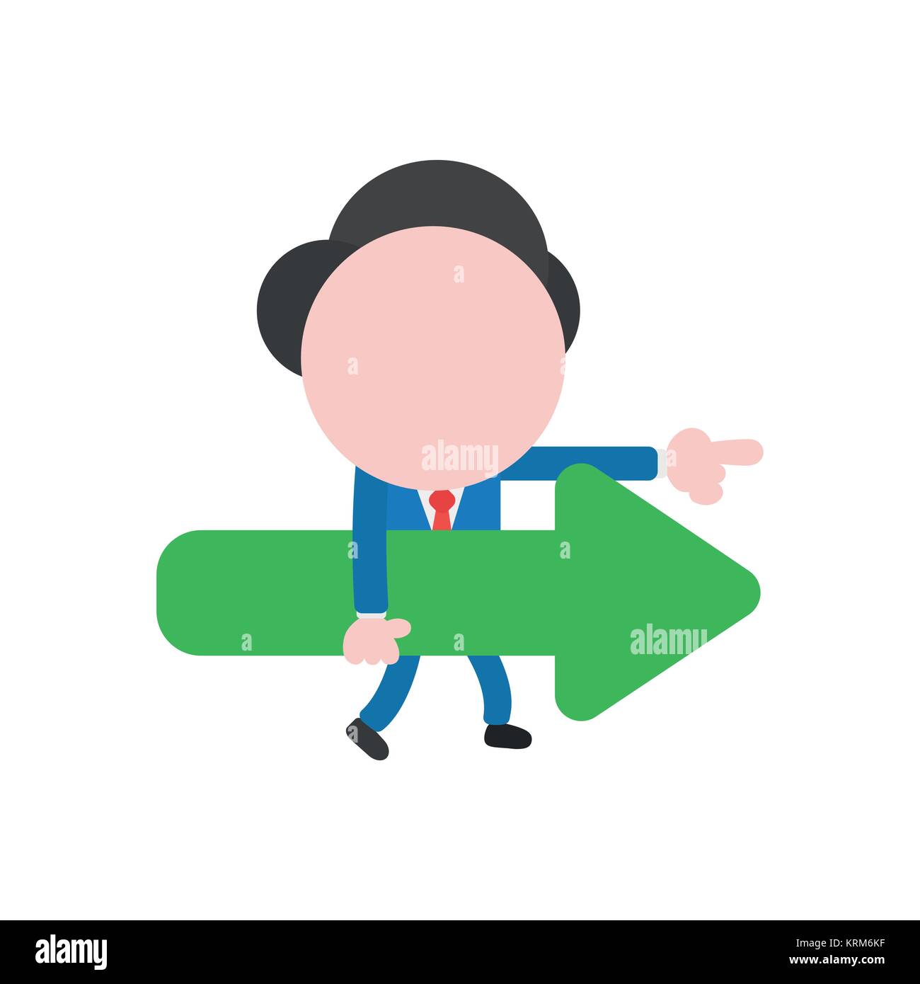 Vector cartoon illustration concept of faceless businessman mascot character walking, carrying green arrow symbol icon pointing right. Stock Vector