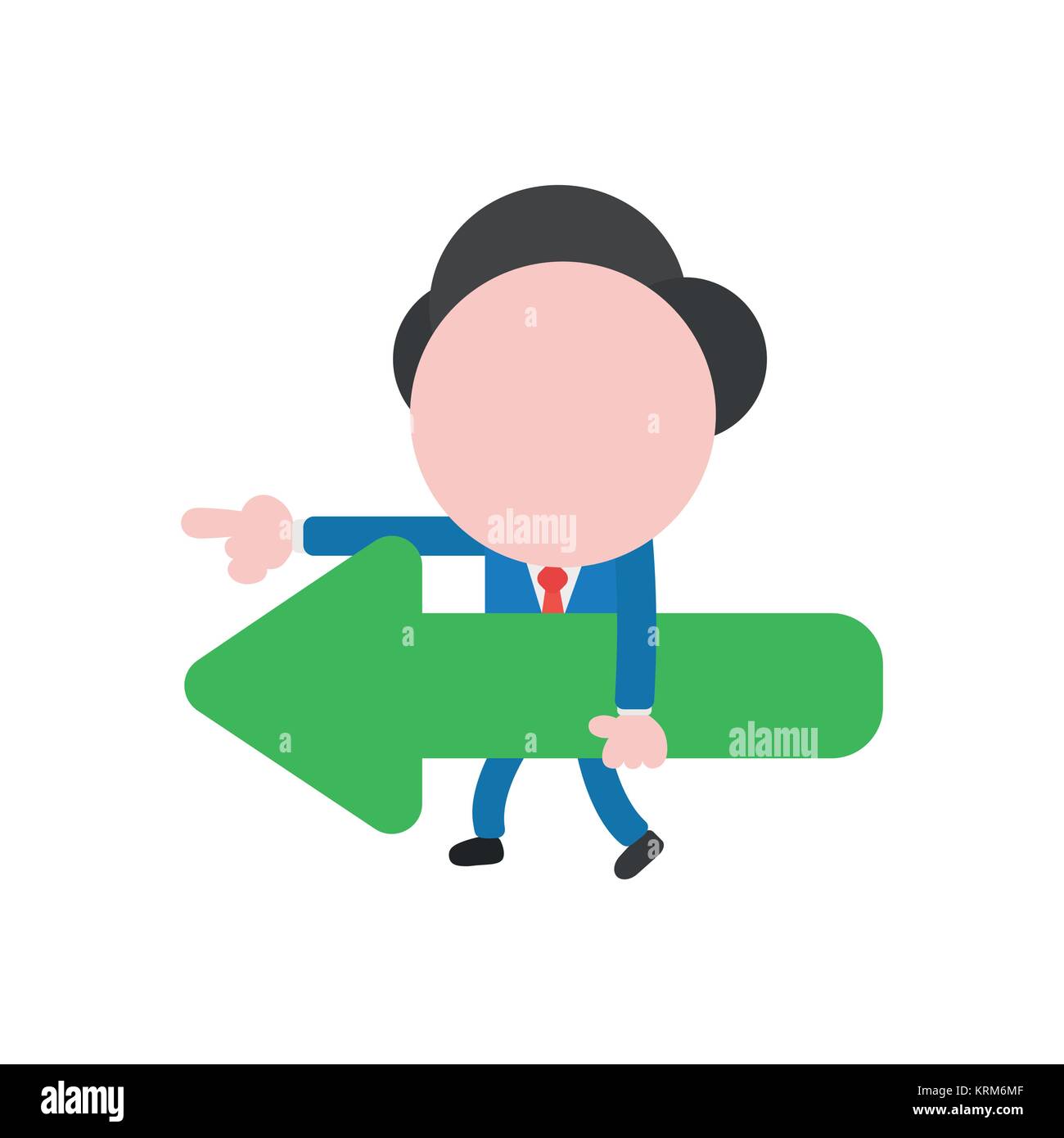 Vector cartoon illustration concept of faceless businessman mascot character walking, carrying green arrow symbol icon pointing left. Stock Vector
