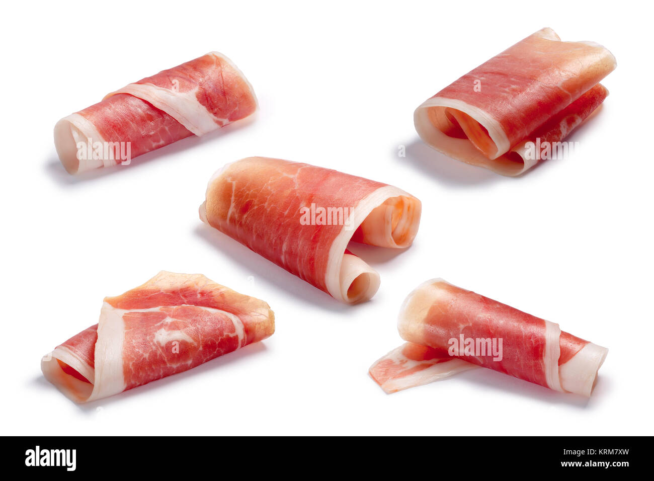 Jamon, Prosciutto, Speck, Dry Cured Meat or Ham slice, rolled up