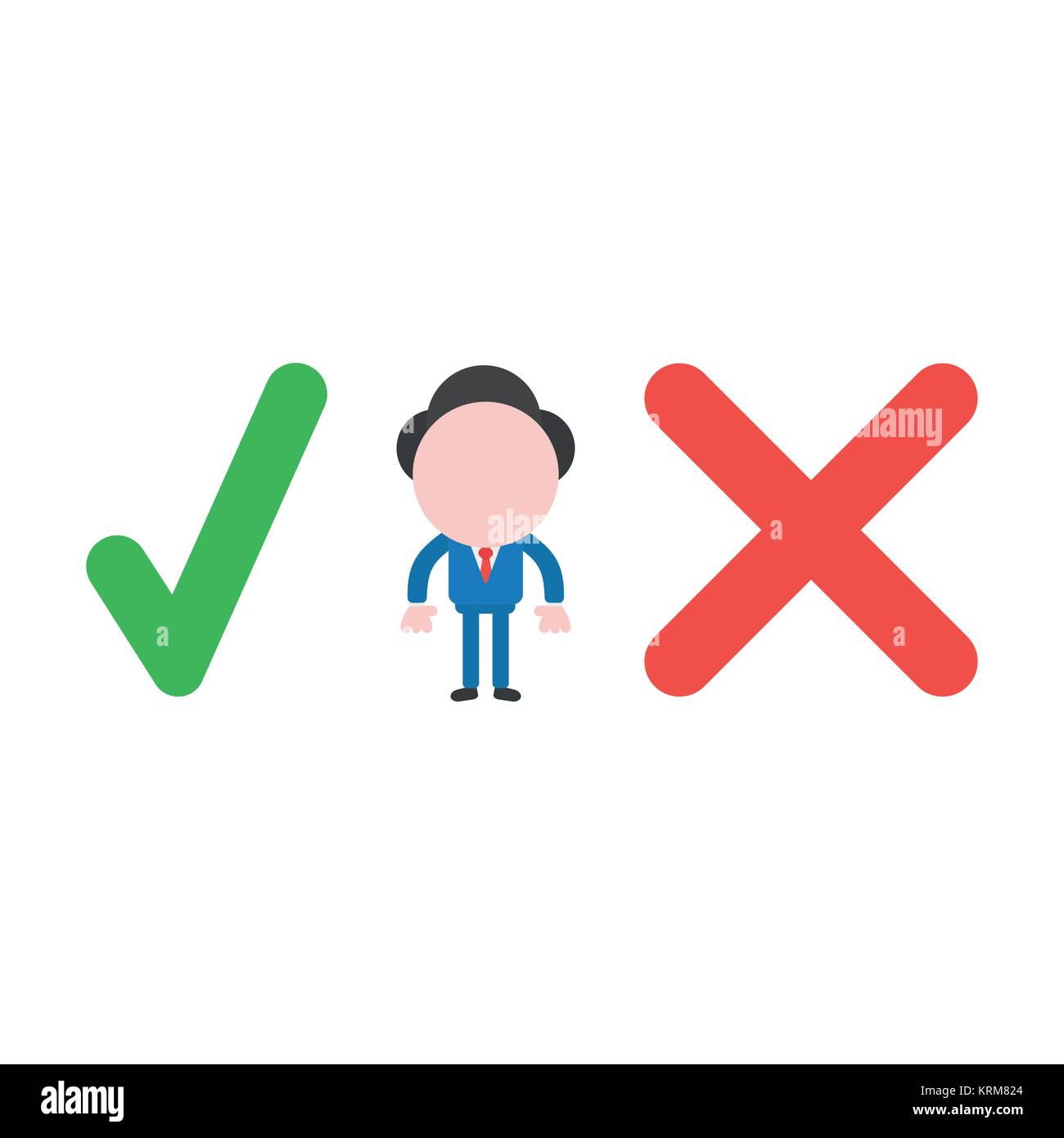Vector cartoon illustration concept of faceless businessman mascot character between green check mark and red x mark symbol icon. Stock Vector