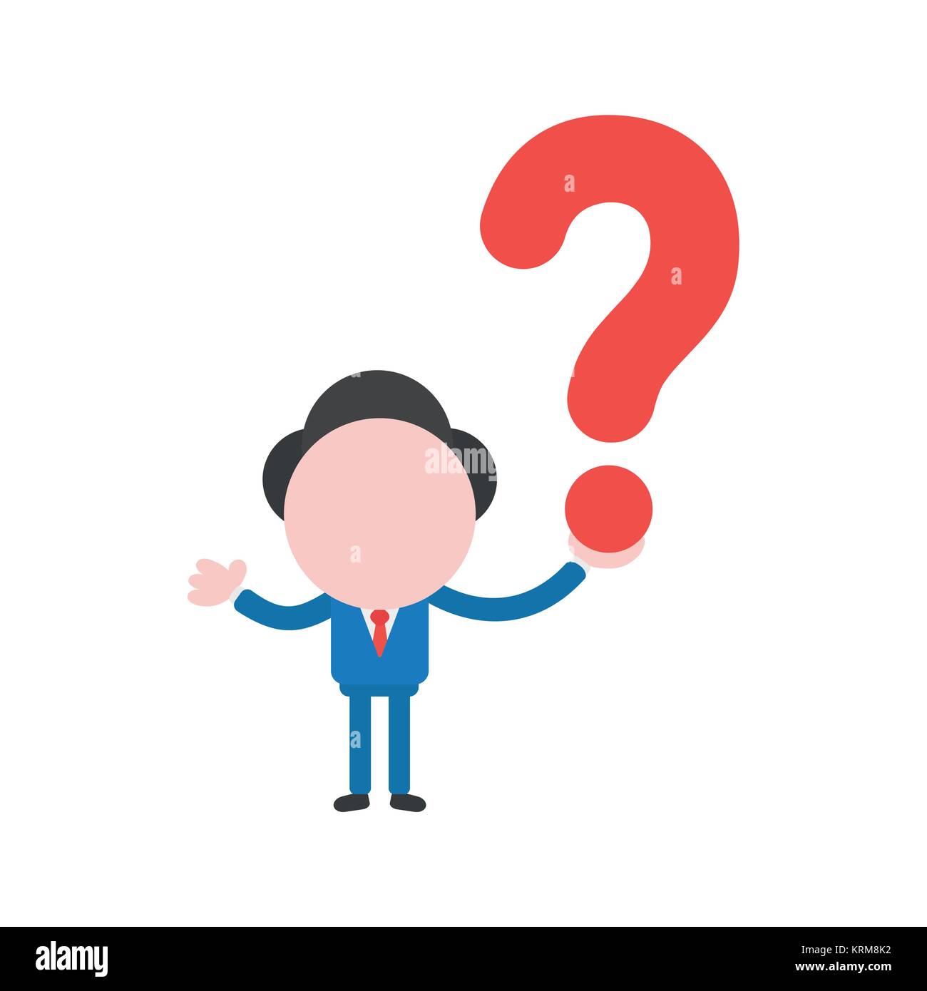 Vector cartoon illustration concept of faceless businessman mascot character holding red question mark symbol icon. Stock Vector