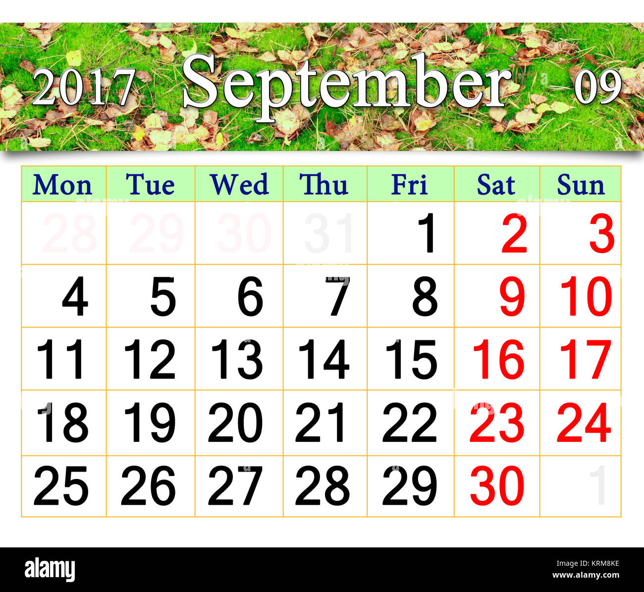 calendar for September 2017 with image of moss and leaves Stock Photo ...