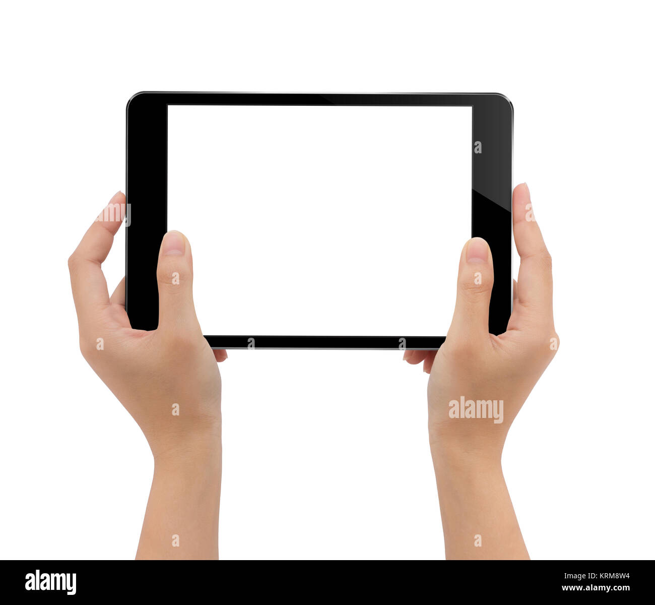 close-up hand holding tablet, mock-up black digital tablet isolated on white with clipping path Stock Photo