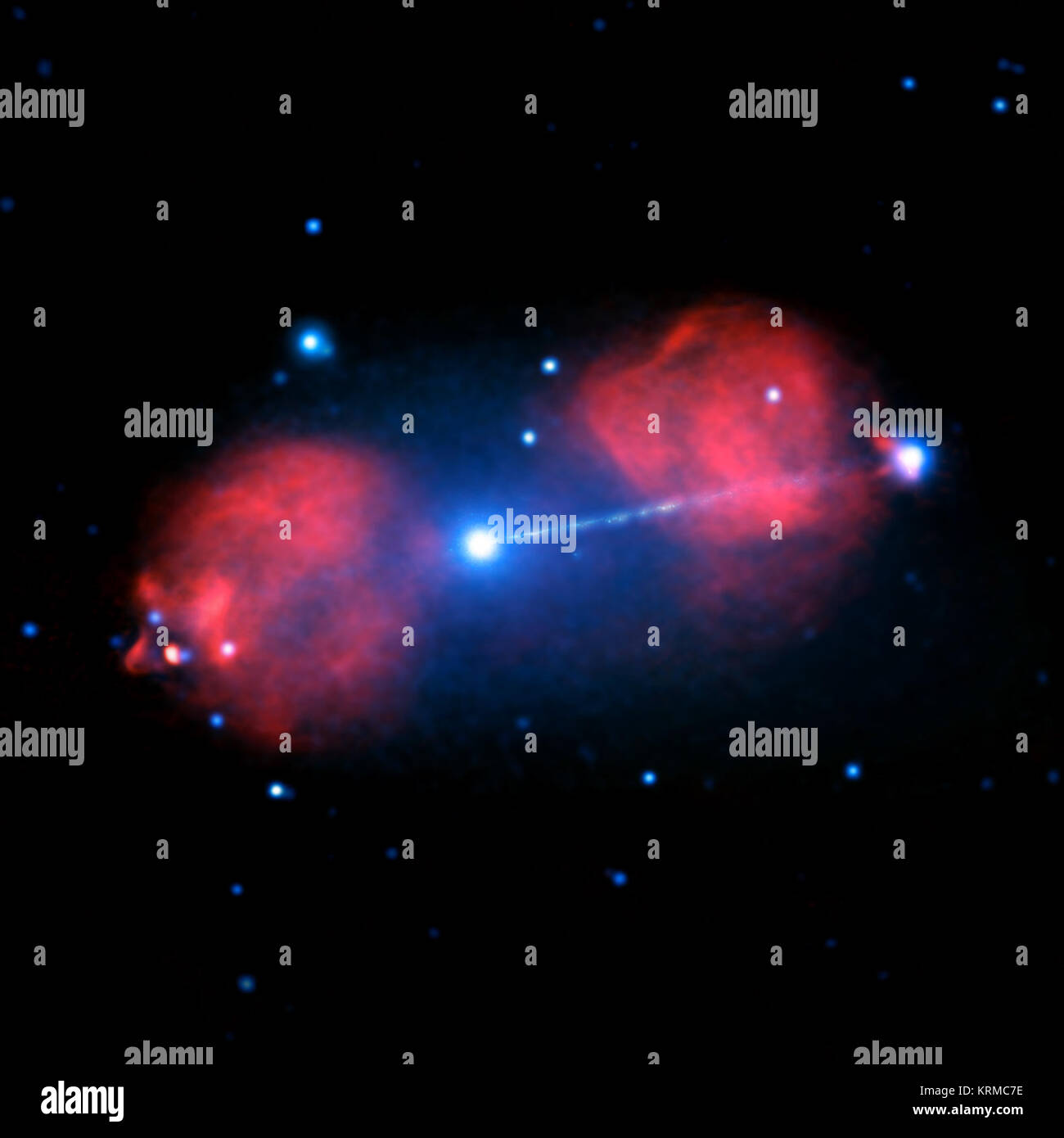 The Pictor A galaxy has a supermassive black hole at its center, and material falling onto the black hole is driving an enormous beam, or jet, of particles at nearly the speed of light into intergalactic space. This composite image contains X-ray data obtained by Chandra at various times over 15 years (blue) and radio data from the Australia Telescope Compact Array (red). By studying the details of the structure seen in both X-rays and radio waves, scientists seek to gain a deeper understanding of these huge collimated blasts. Pictor A composite Stock Photo